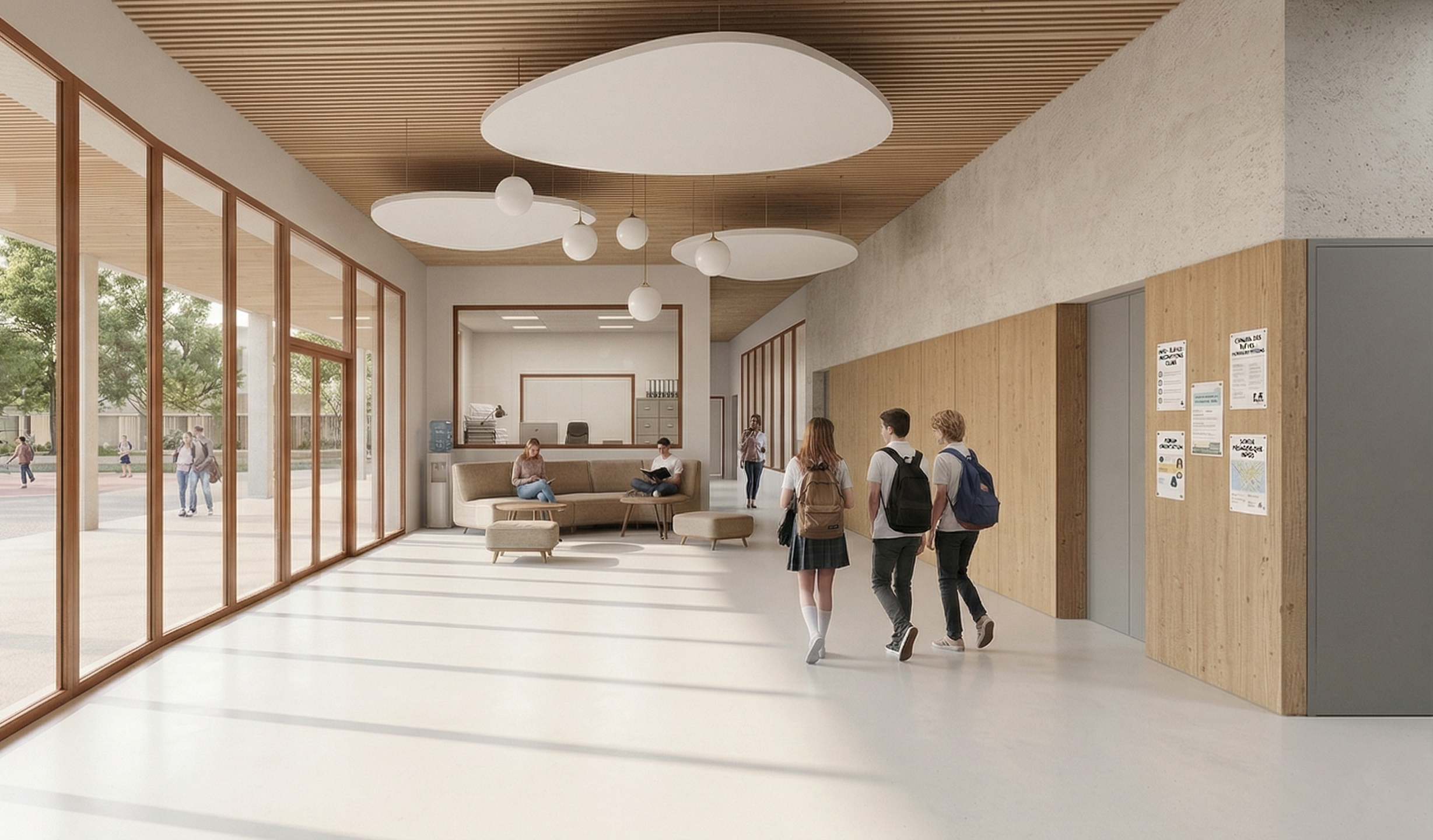 Hall d'accueil lumineux d'un établissement scolaire avec baies vitrées, plafond en bois, panneaux acoustiques organiques et élèves avec sac à dos.
