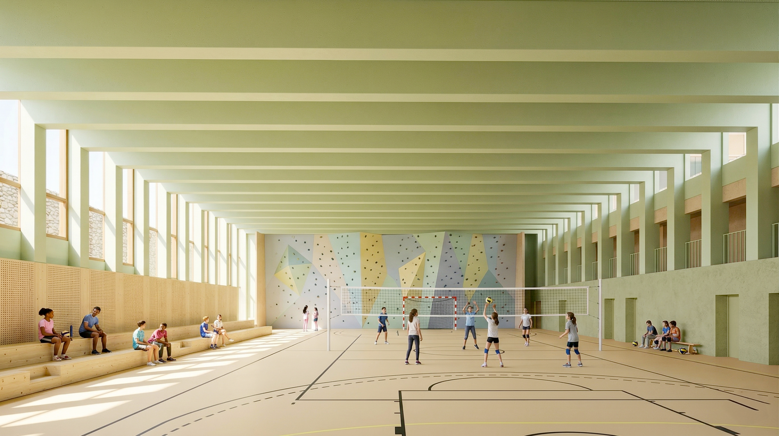 Vue intérieure d'un gymnase lumineux aux tons vert clair avec mur d'escalade, terrain de volley-ball et gradins en bois.